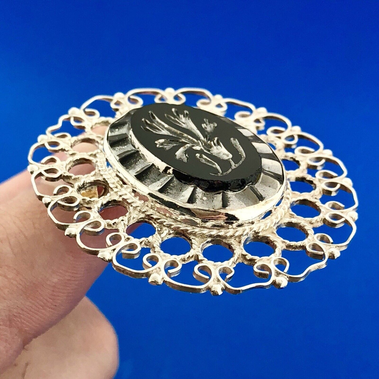 Plata De Jalisco Mexico Sterling Silver Black Intaglio Glass Pin Brooch Pendant