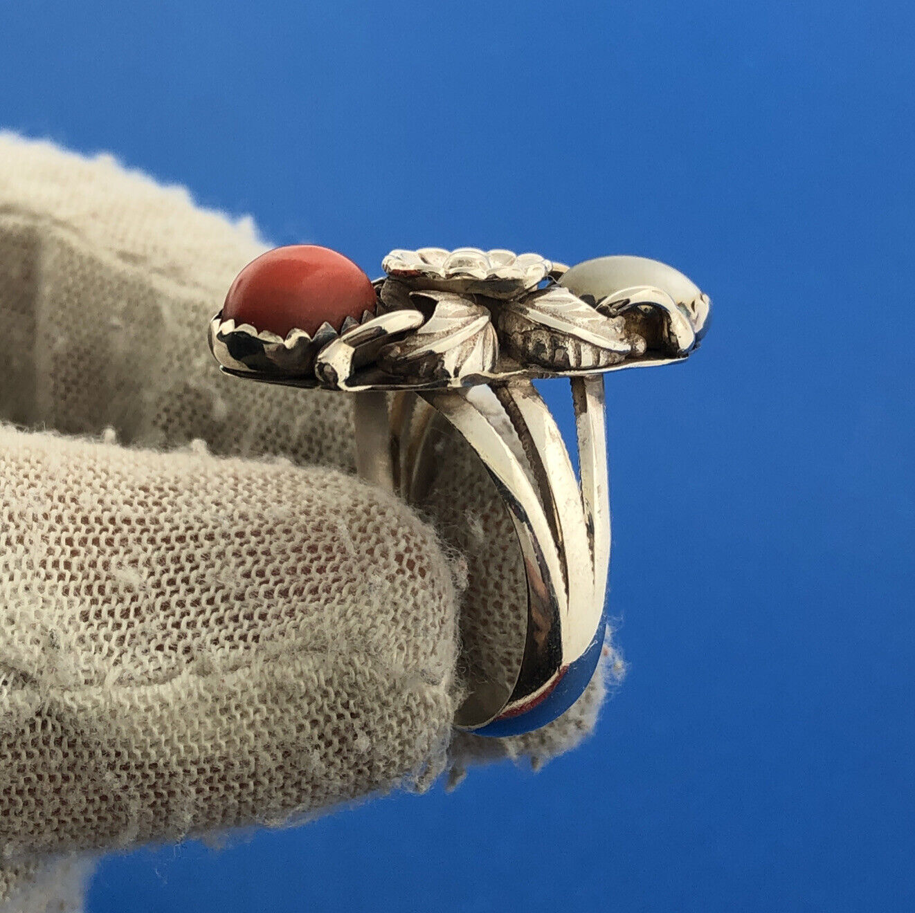 Native American Artisan Sterling Silver Coral Moonstone Elongated Feather Ring