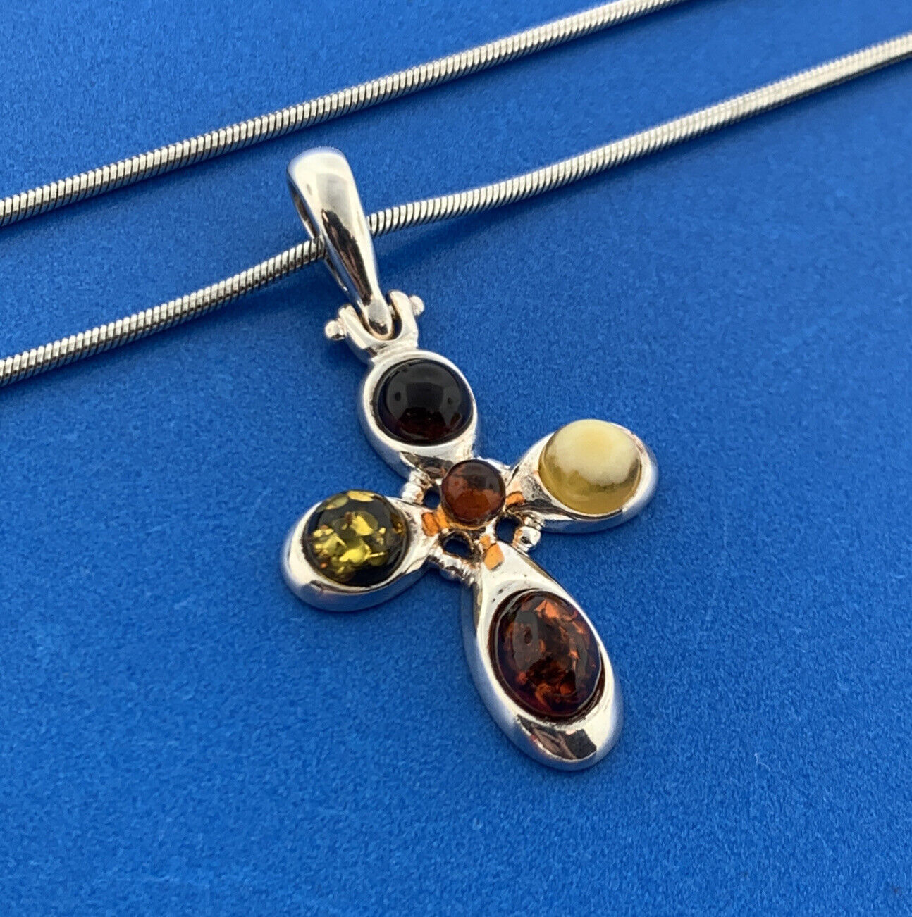 Designer 925 Sterling Silver Amber Modernist Cross Religious Pendant Necklace