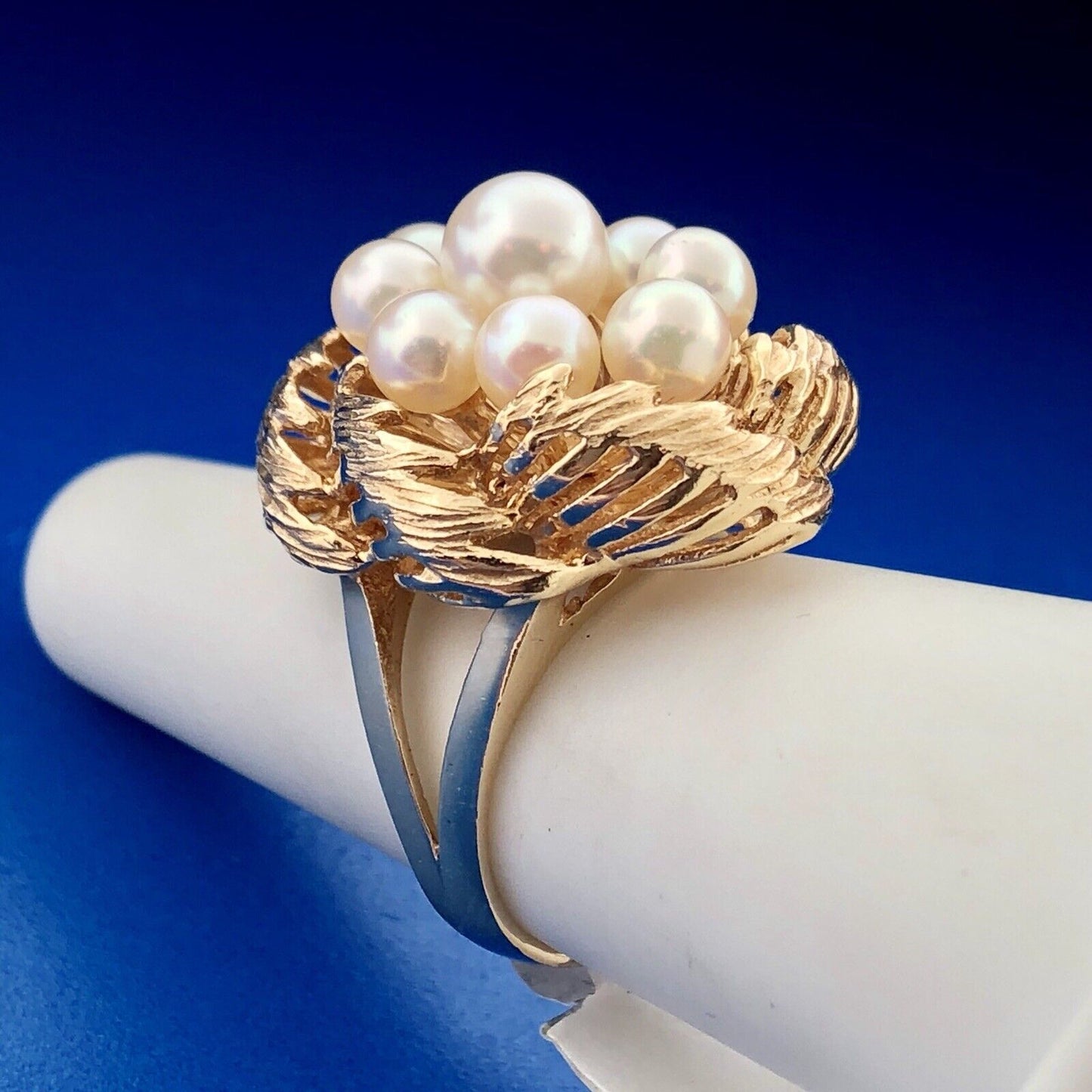 Vintage 14K Yellow Gold 9 Pearl Bird Nest Cluster Statement Cocktail Ring