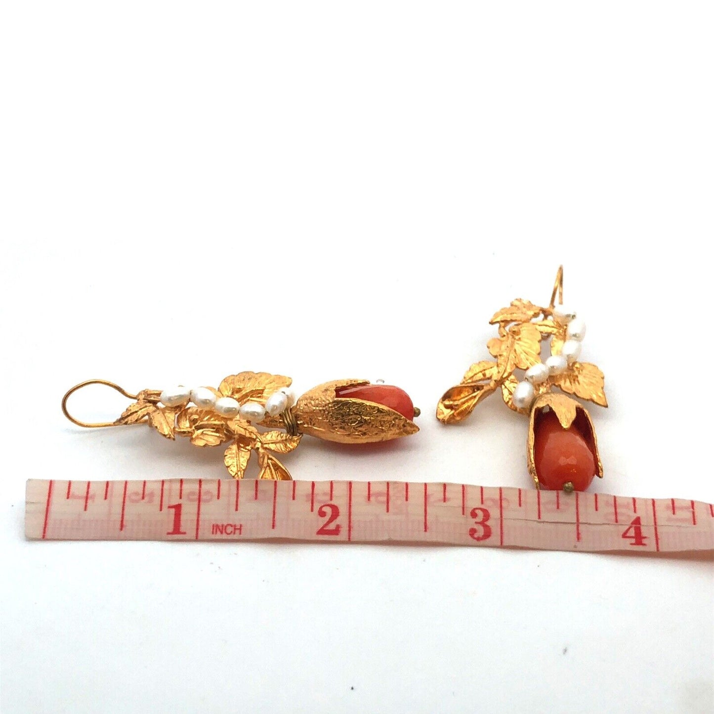 Estate Gold Tone Peach Quartz Rice Pearl Leaf & Vine Statement Drop Earrings