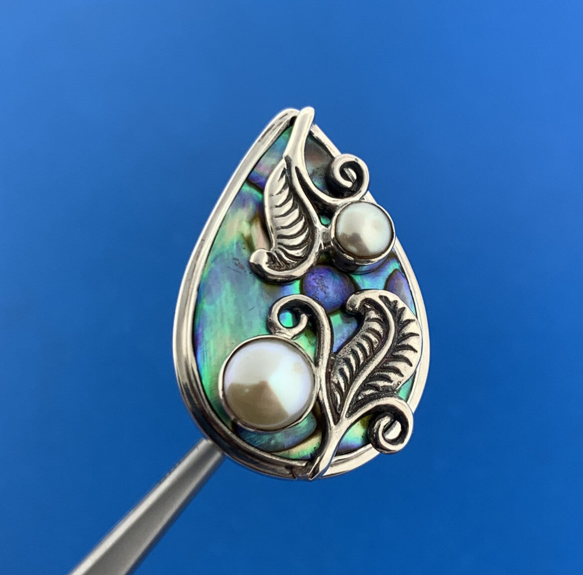 Vintage Merav 925 Sterling Silver Abalone Pearl Vine Leaf Design Statement Ring