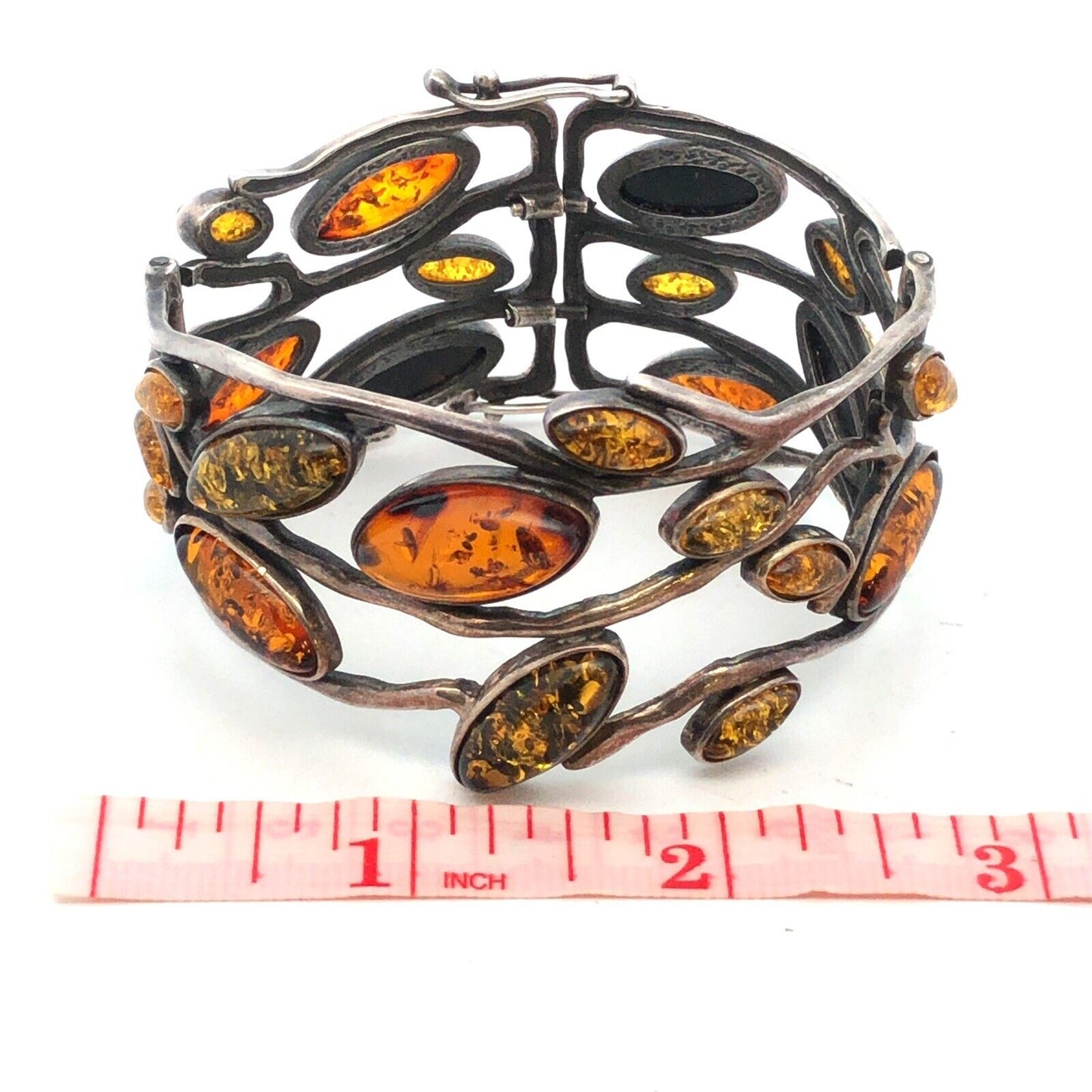 Vintage 925 Sterling Silver Green Orange Yellow Amber Vines Hinged Cuff Bracelet