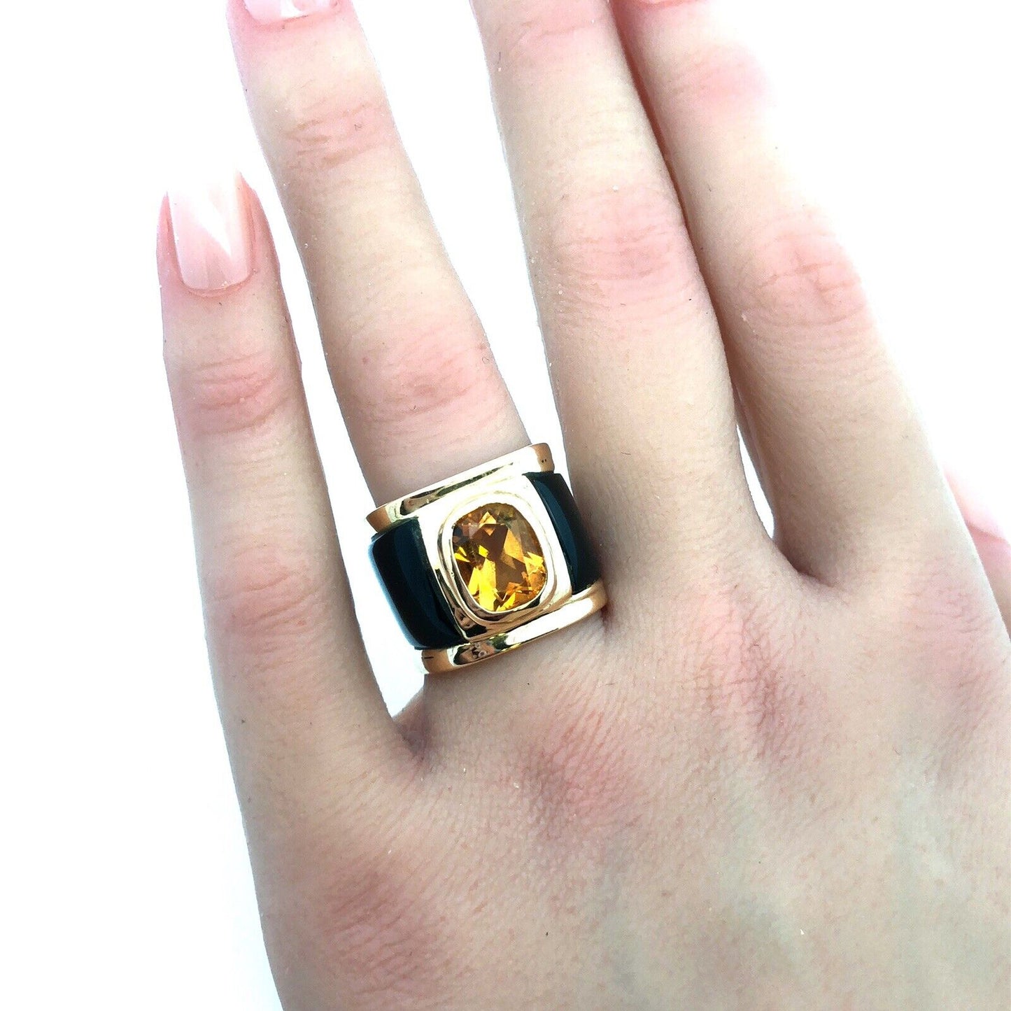 Unusual 14K Yellow Gold Oval Citrine Black Statement Cigar Band Ring