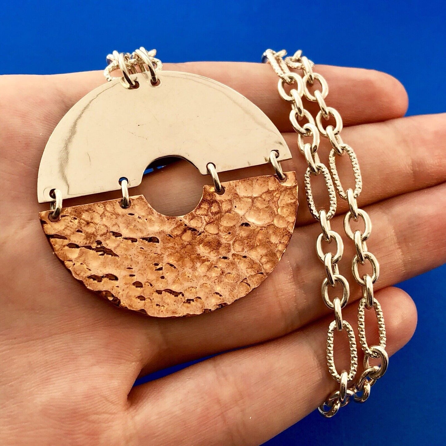 Vintage MWS Mexico Sterling Silver Two Tone Disc Modernist Statement Necklace