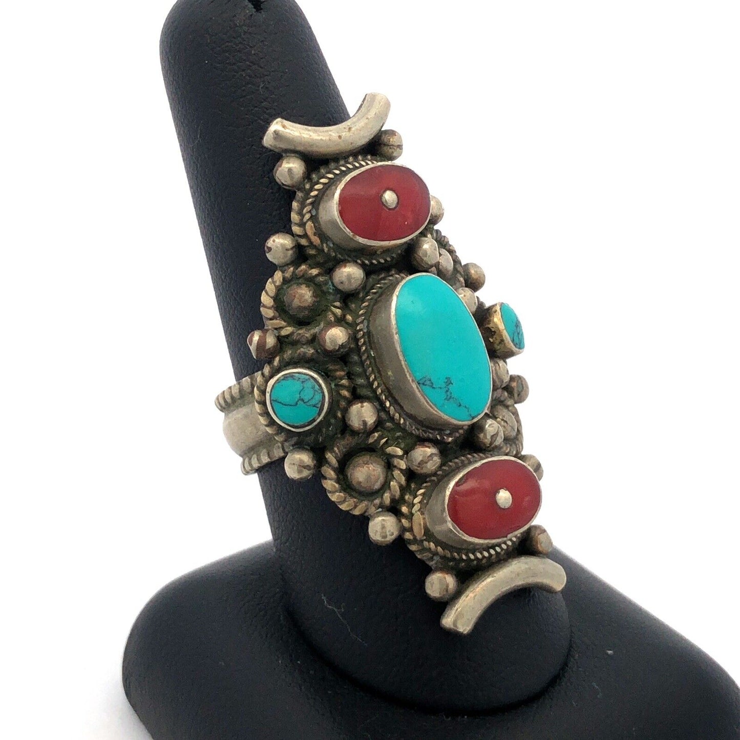 Native American Silver Plate Oval Turquoise Red Coral Detailed Statement Ring