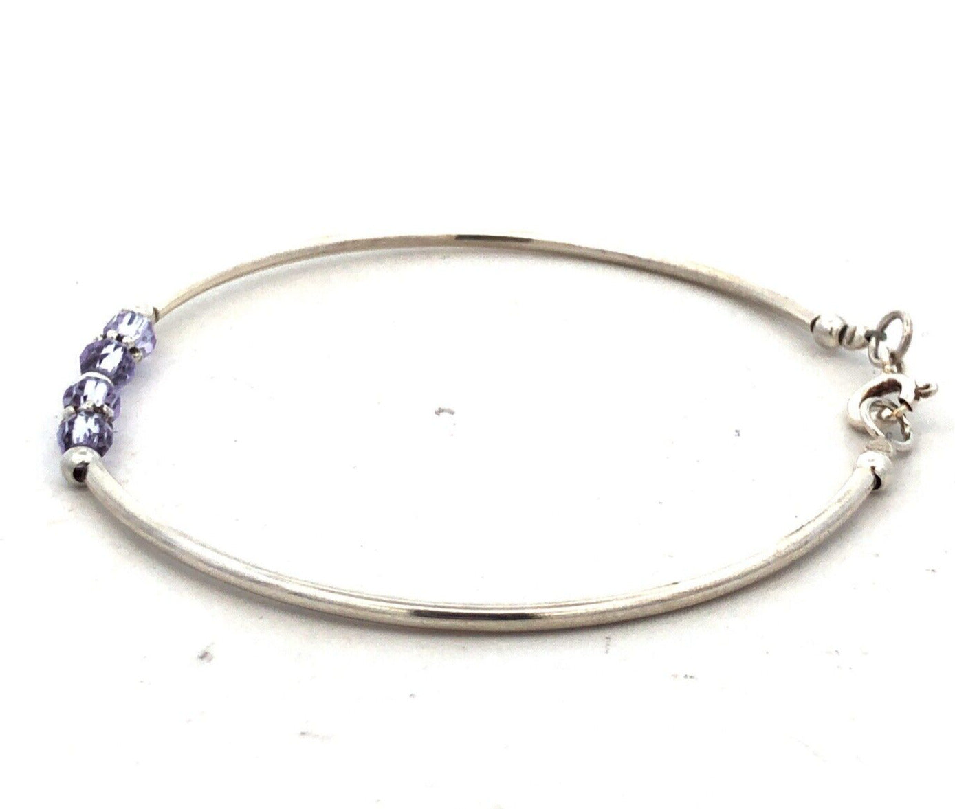 925 Sterling Silver Purple Crystal Beaded Round Bangle Bracelet