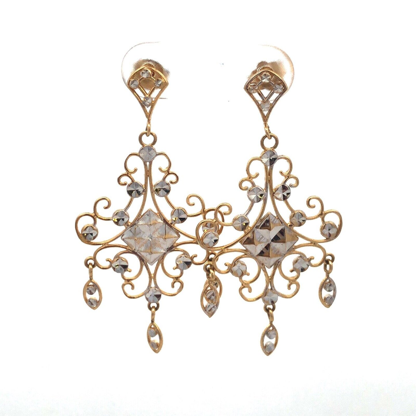 14K White Yellow Gold Chandelier Wedding Bridal Filigree Ornate Dangle Earrings