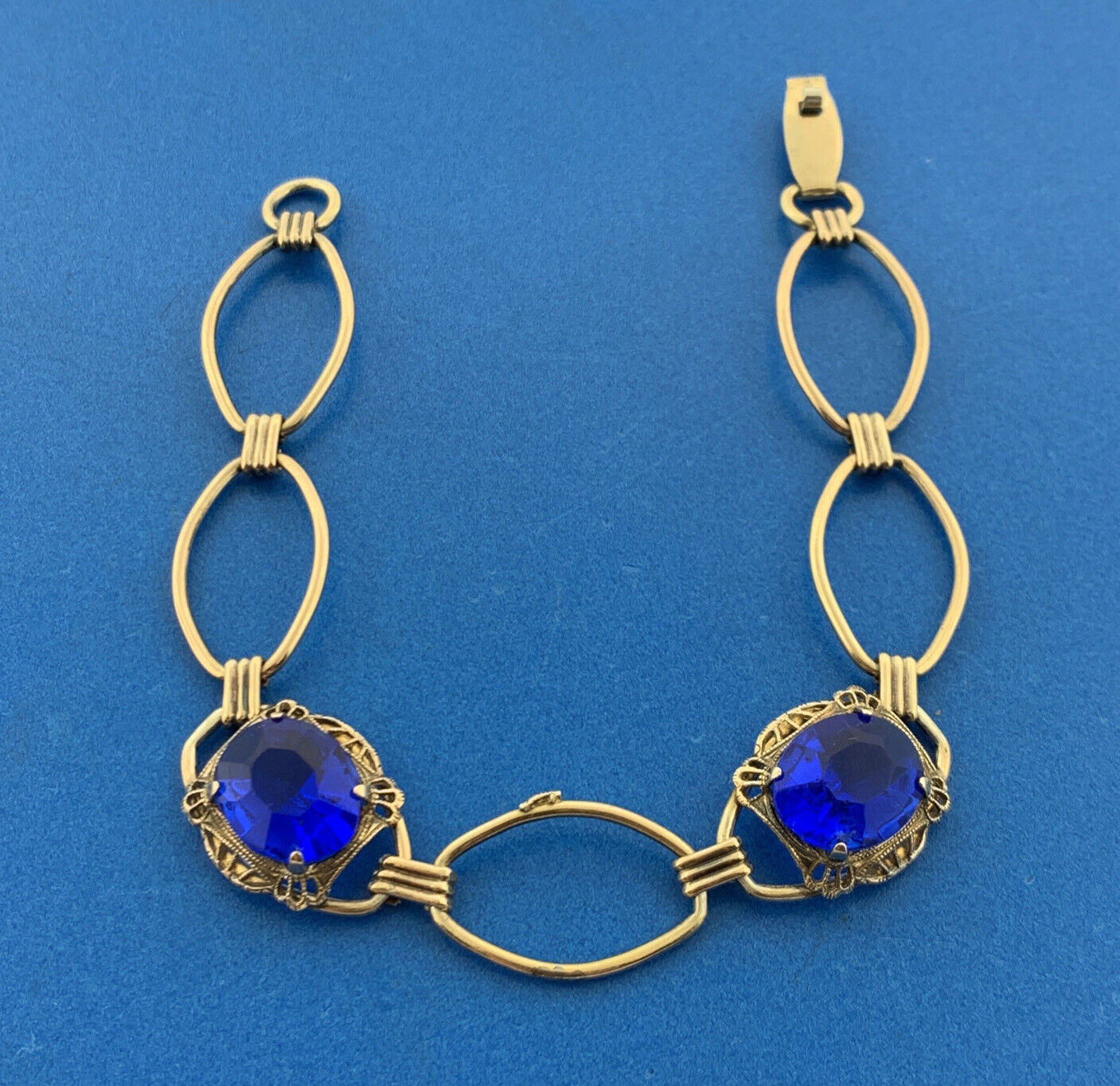 Art Deco AMCO Gold Filled Sterling Silver Faceted Blue Glass Oval Link Bracelet