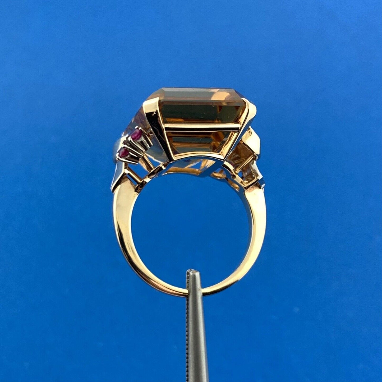 Vintage 14K Yellow Gold Emerald Cut Citrine Ruby Diamond Accent Statement Ring