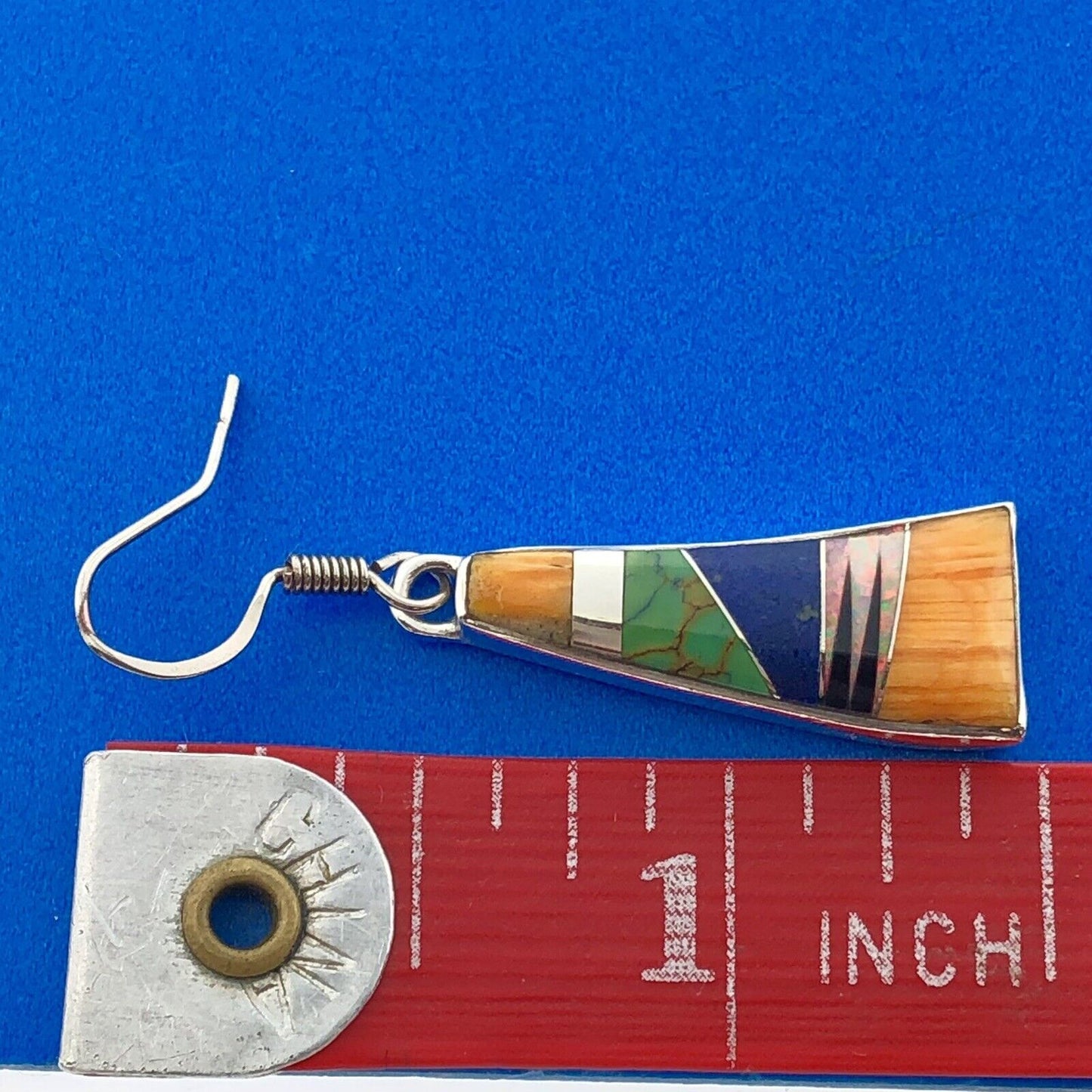 Native American Artisan 925 Sterling Silver Multi Stone Inlay Dangle Earrings