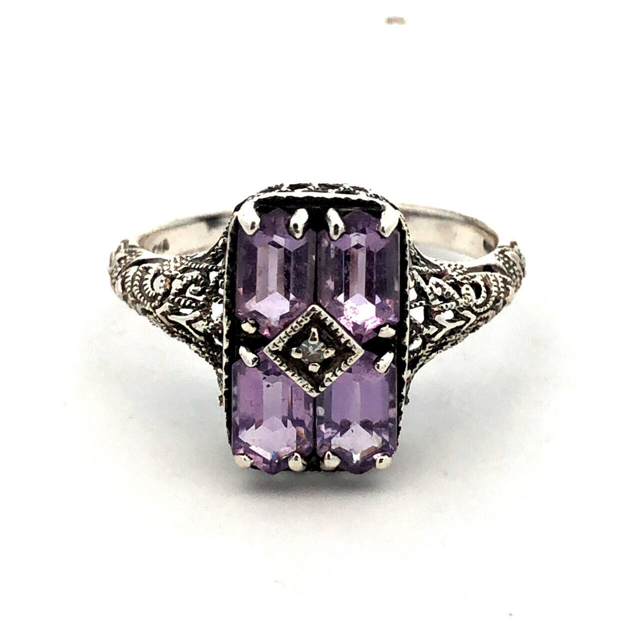 Designer CNA 925 Sterling Silver Amethyst Diamond Filigree Detail Rectangle Ring