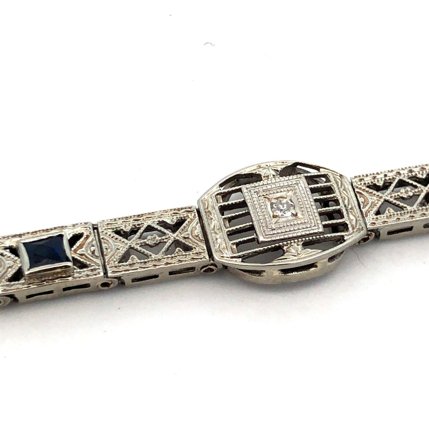 Vintage Art Deco 10K White Gold Diamond Sapphire Filigree Panel Tennis Bracelet