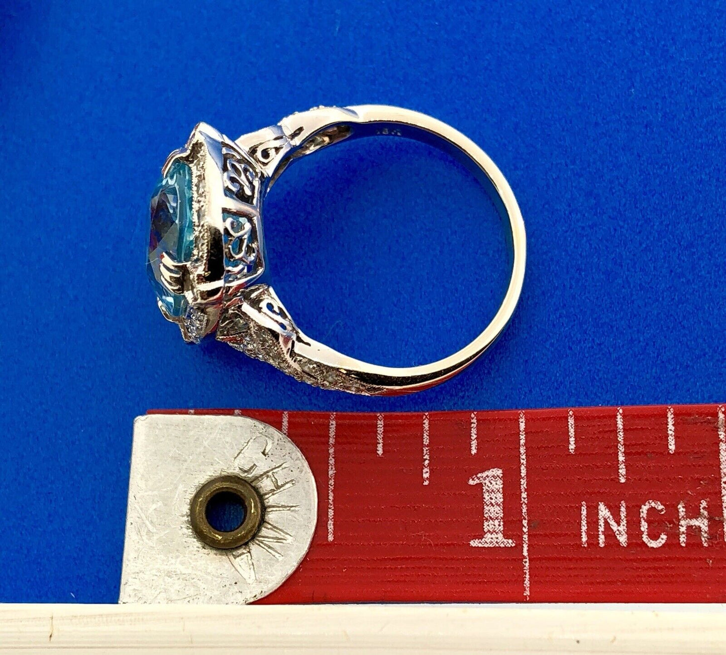 Lovely 18K White Gold Swiss Blue Topaz Diamond Halo December Statement Ring