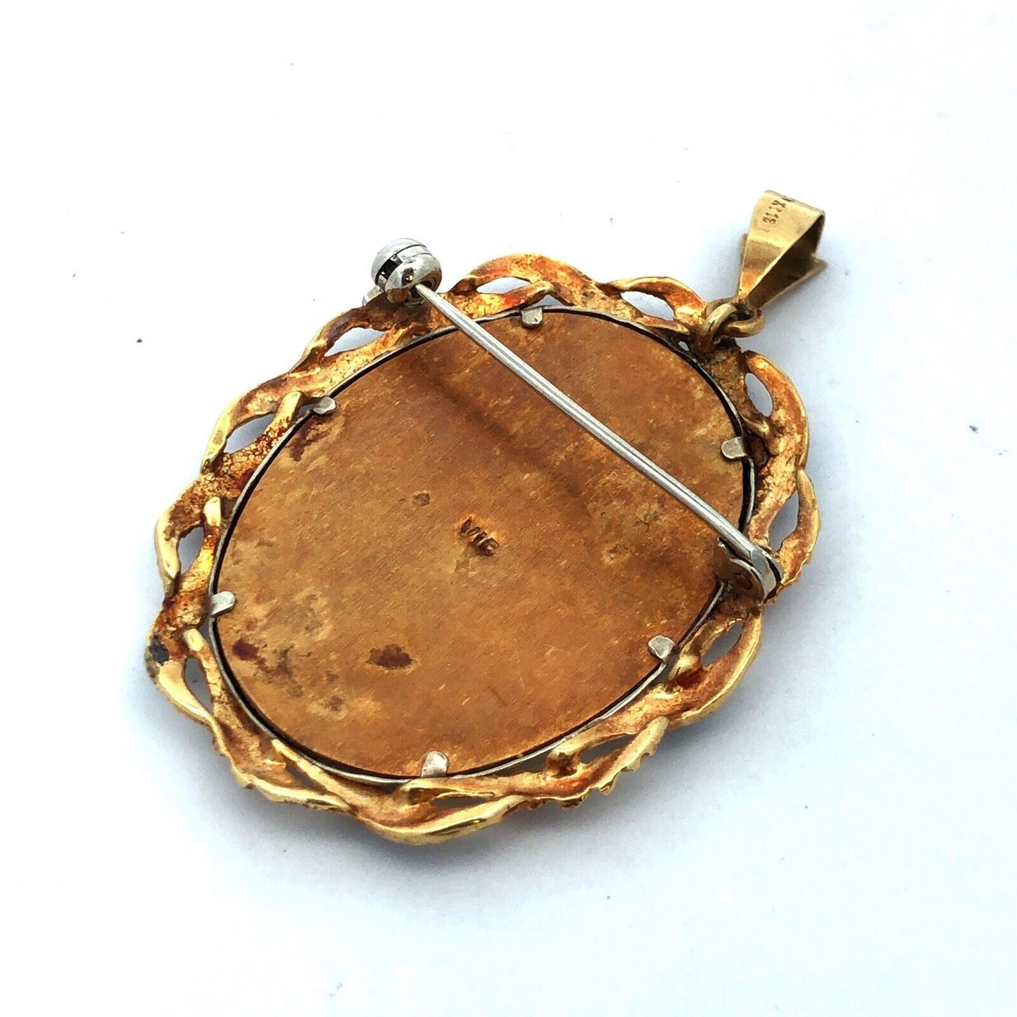 Victorian VIC 18K Yellow Gold Diamond Enamel Painted Portrait Pendant Brooch