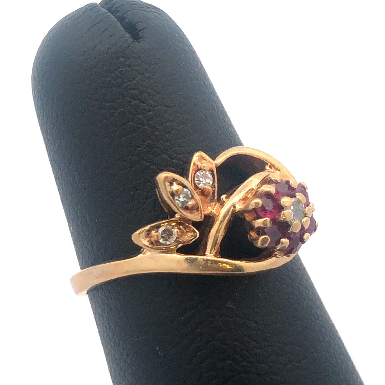 Vintage 10K Yellow Gold Ruby Diamond Free Form Rose Floral July Occasion Ring