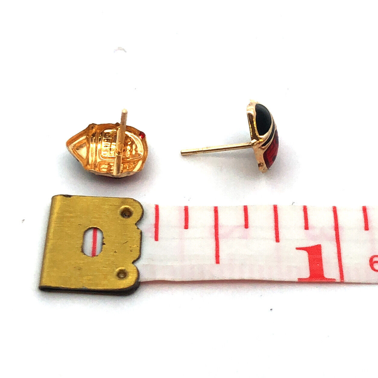 Designer JCM 14KT Yellow Gold Red Black Enamel Lady Bug Stud Earrings