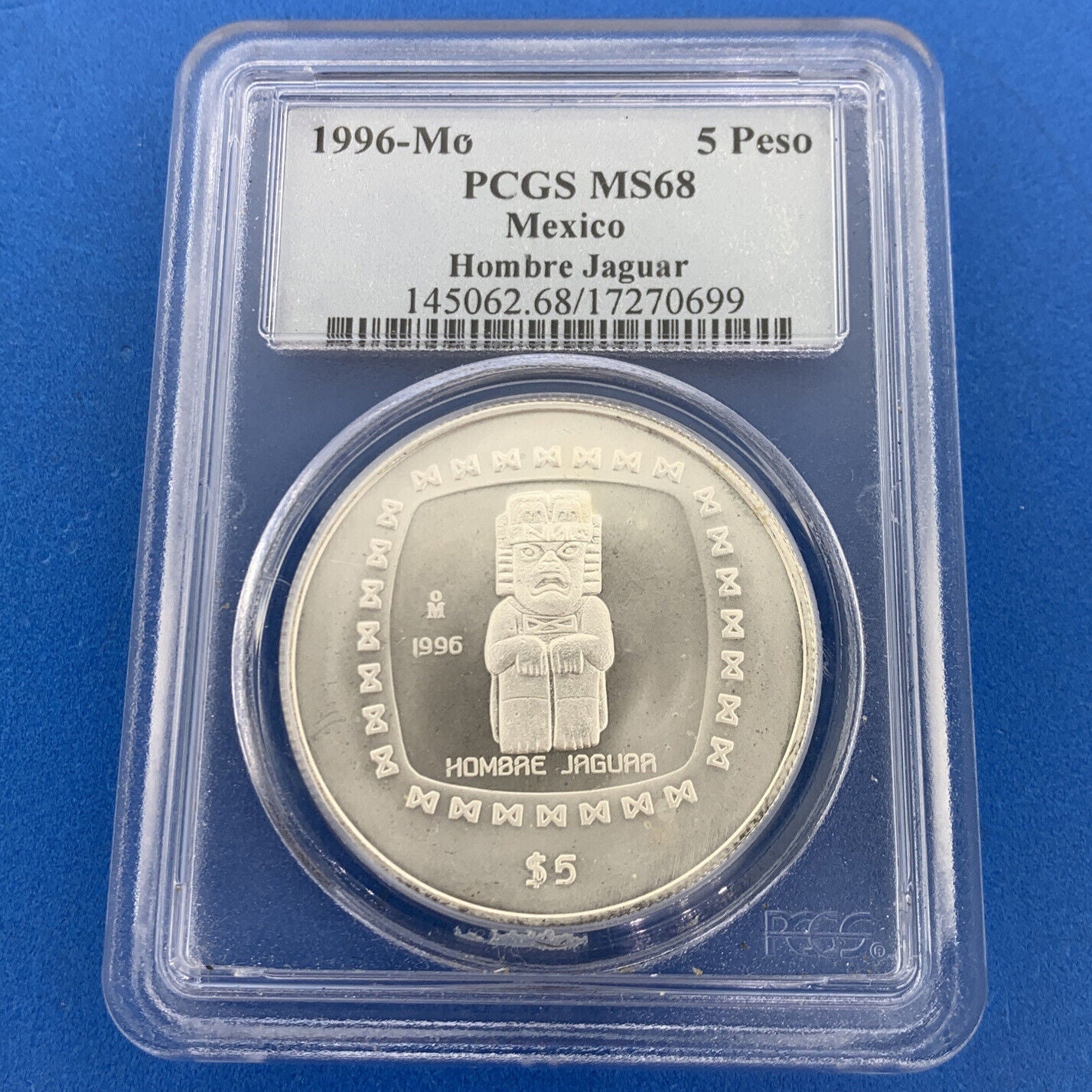 1996 Mo Mexico City 5 Peso 1 oz Silver Hombre Jaguar PCGS MS68 Mexico Coin