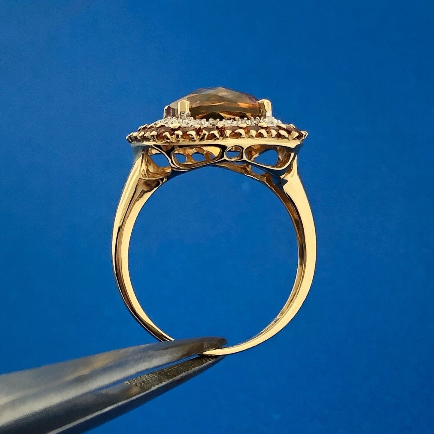 Designer 14K Yellow Gold Citrine Diamond Citrine Halo Statement Anniversary Ring