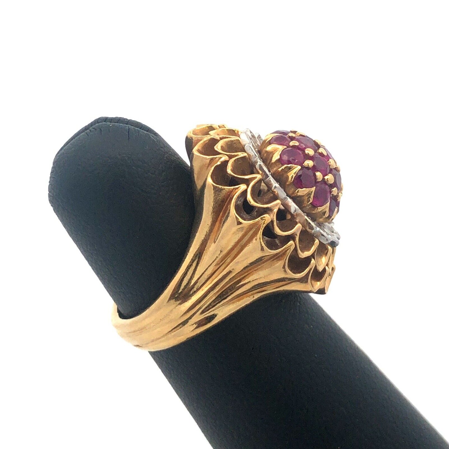Vintage Artisan 18 Yellow Gold Ruby Diamond Cluster Dome Statement Cocktail Ring