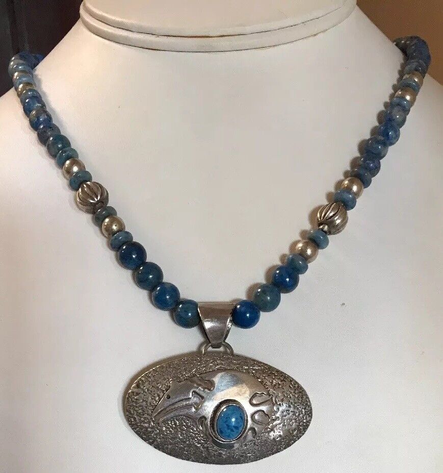 Vintage Native American Sterling Silver 925 Lapis Lazuli Bead Concho Necklace