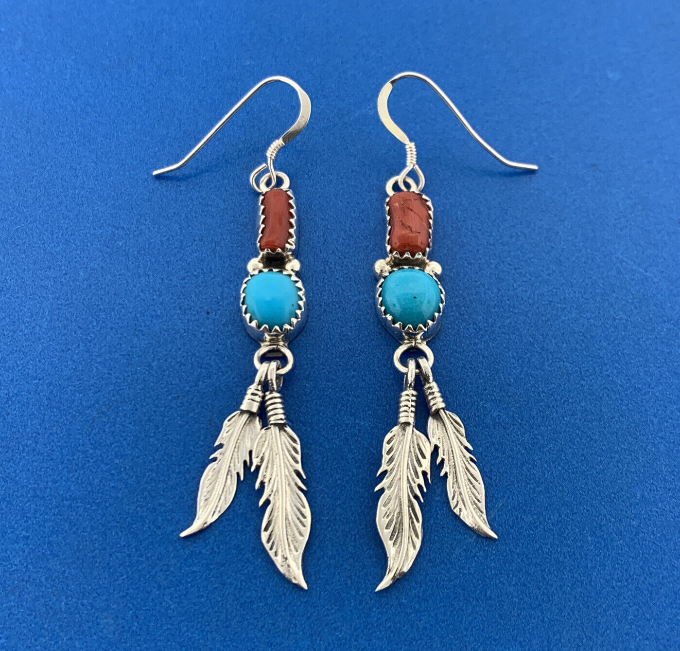 Running Bear Shop Native American 925 Sterling Silver Turquoise Coral Earrings