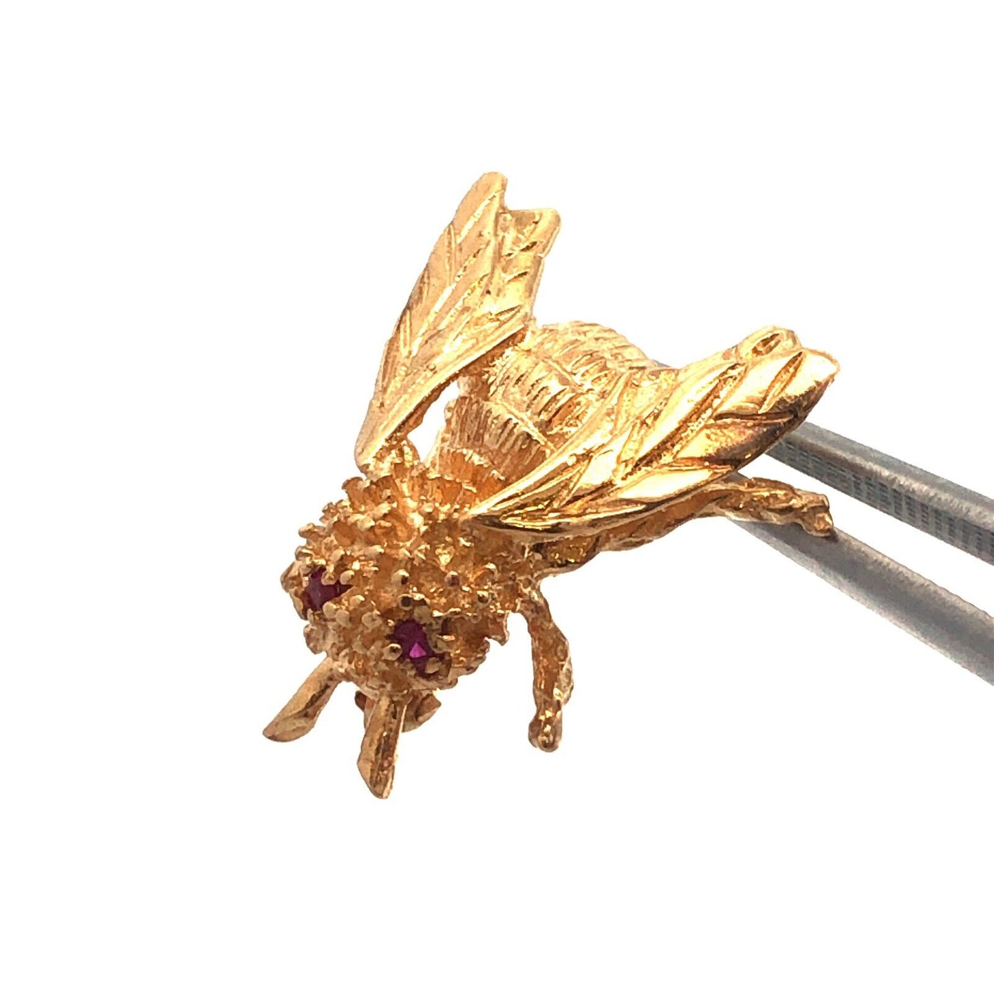 14K Yellow Gold Ruby Eyes Bee Pendant Flying Bug Vintage Lapel Scarf Pin