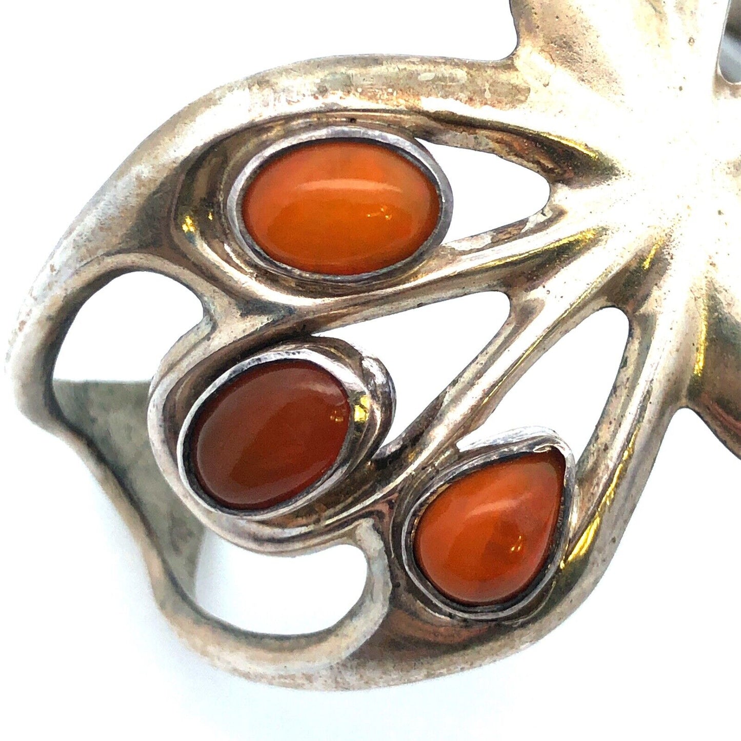 Modernist 925 Sterling Silver Mexican Fire Opal Butterfly Open Cuff Bracelet