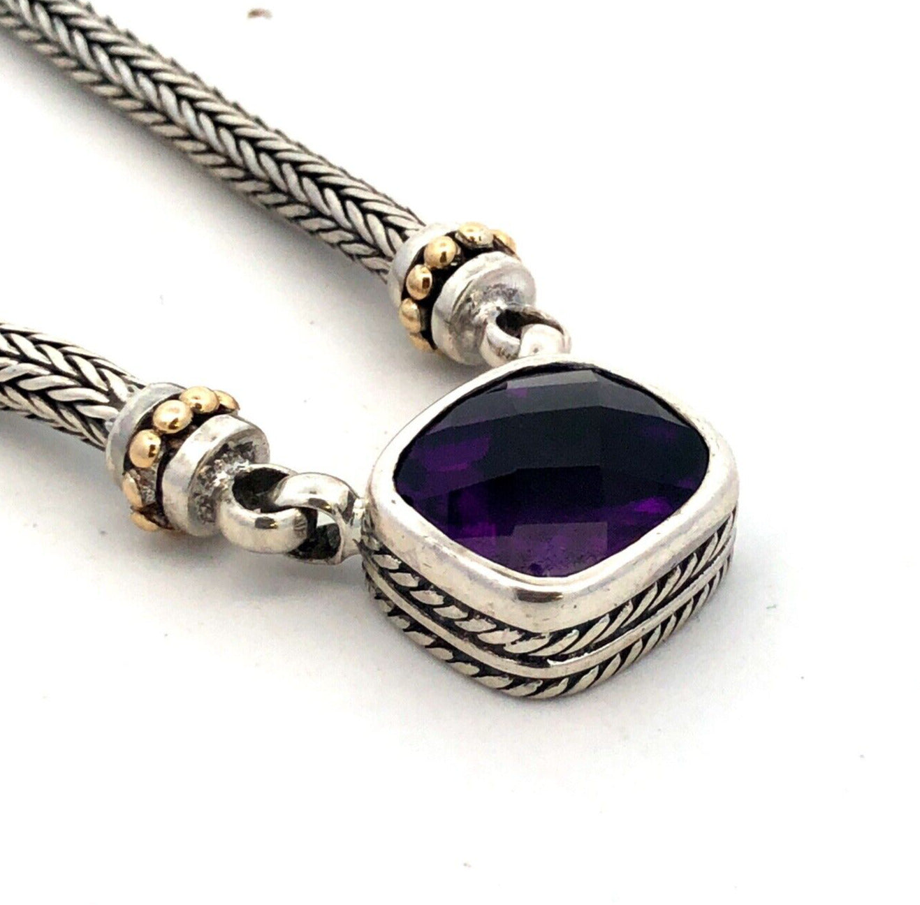 Samuel Benham BJC 925 Sterling Silver 18K Gold Cushion Amethyst Necklace