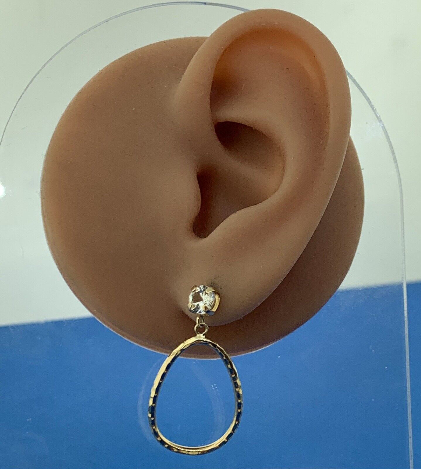 Designer 10K Yellow Gold White Sapphire Hammered Hoop Dangle Stud Earrings