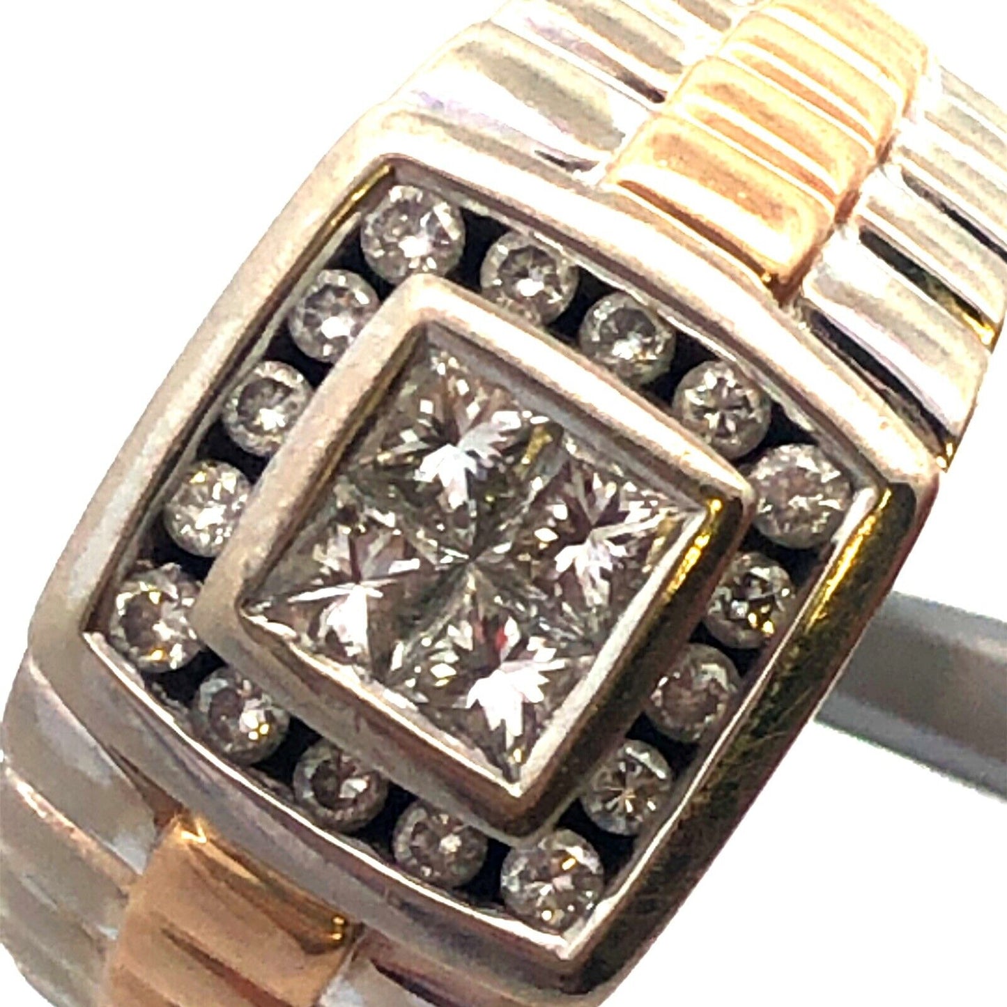 14K White Yellow Gold Princess Diamond Quad Men's Two Toned Ribbed Dome Ring