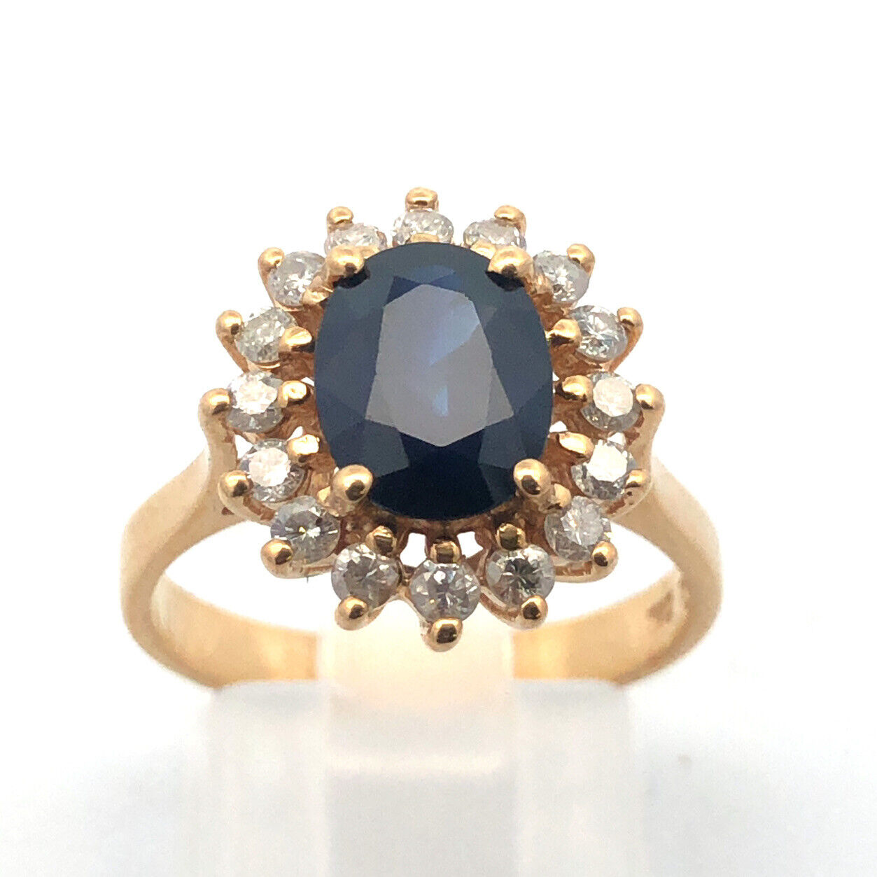 Designer 14K Yellow Gold Oval Blue Sapphire Diamond Halo Statement Cocktail Ring