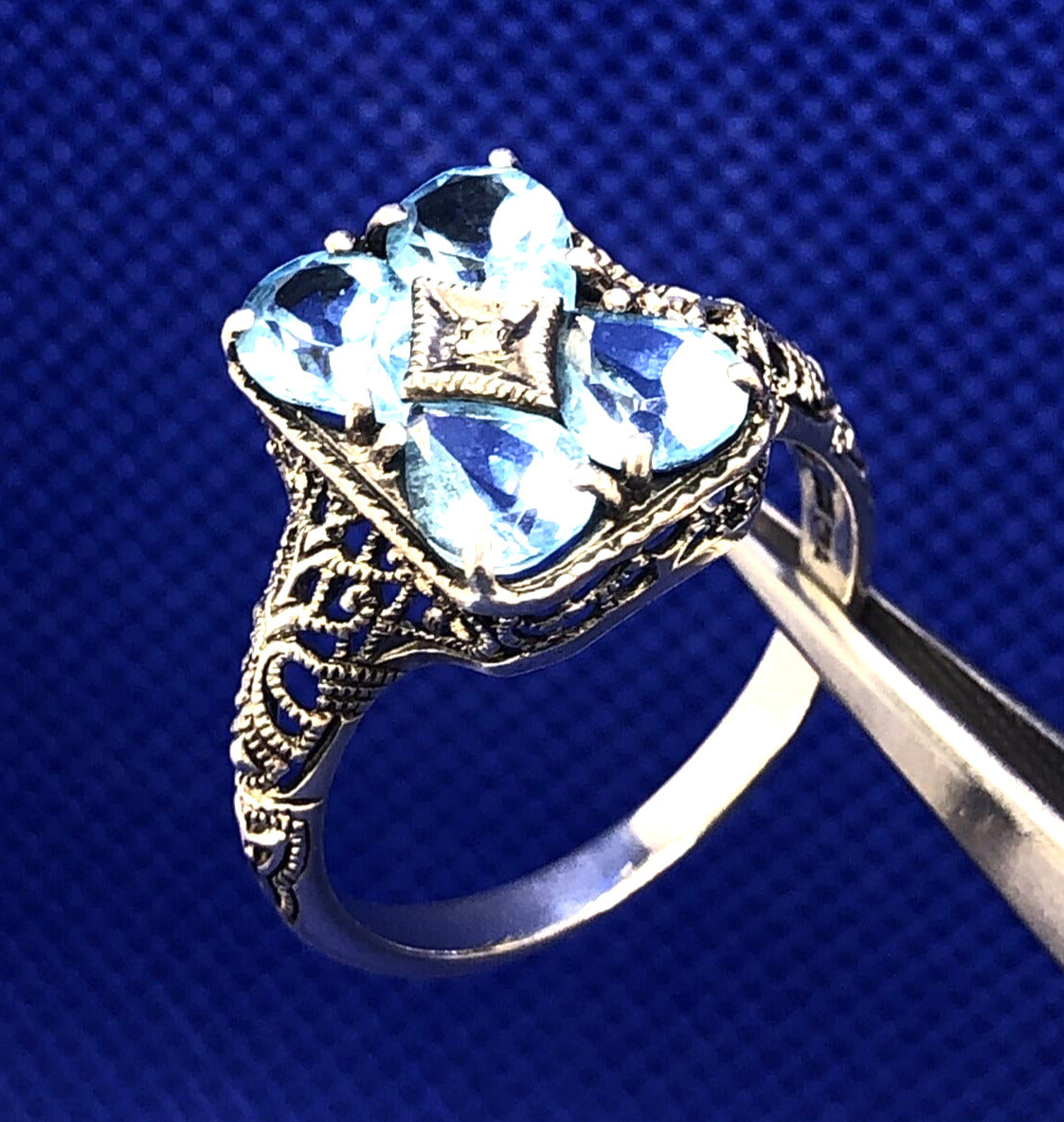 Designer CNA 925 Sterling Silver Blue Topaz and Diamond Accent Rectangle Ring