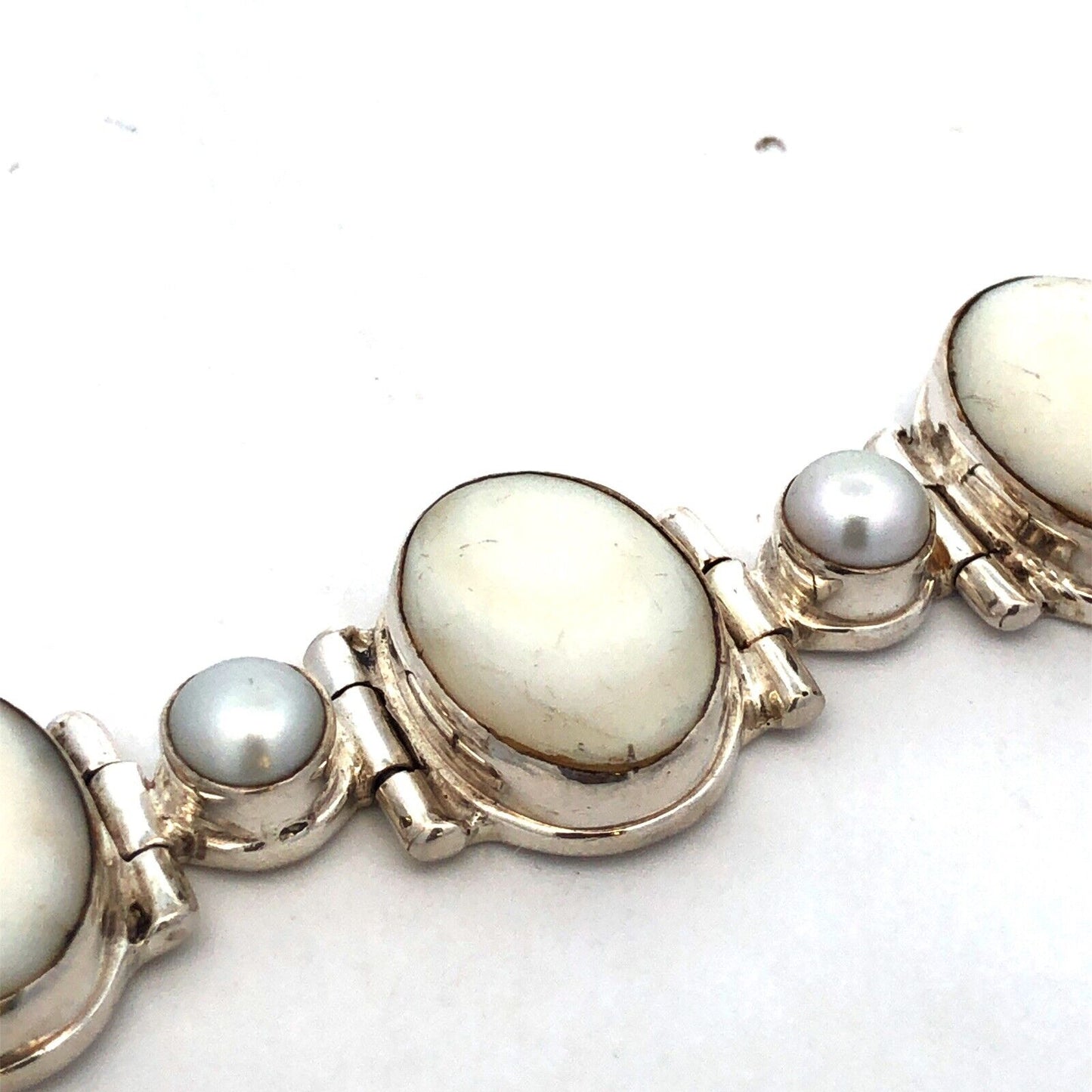 Vintage 925 Sterling Silver Oval Mother of Pearl Pearl Toggle Tennis Bracelet
