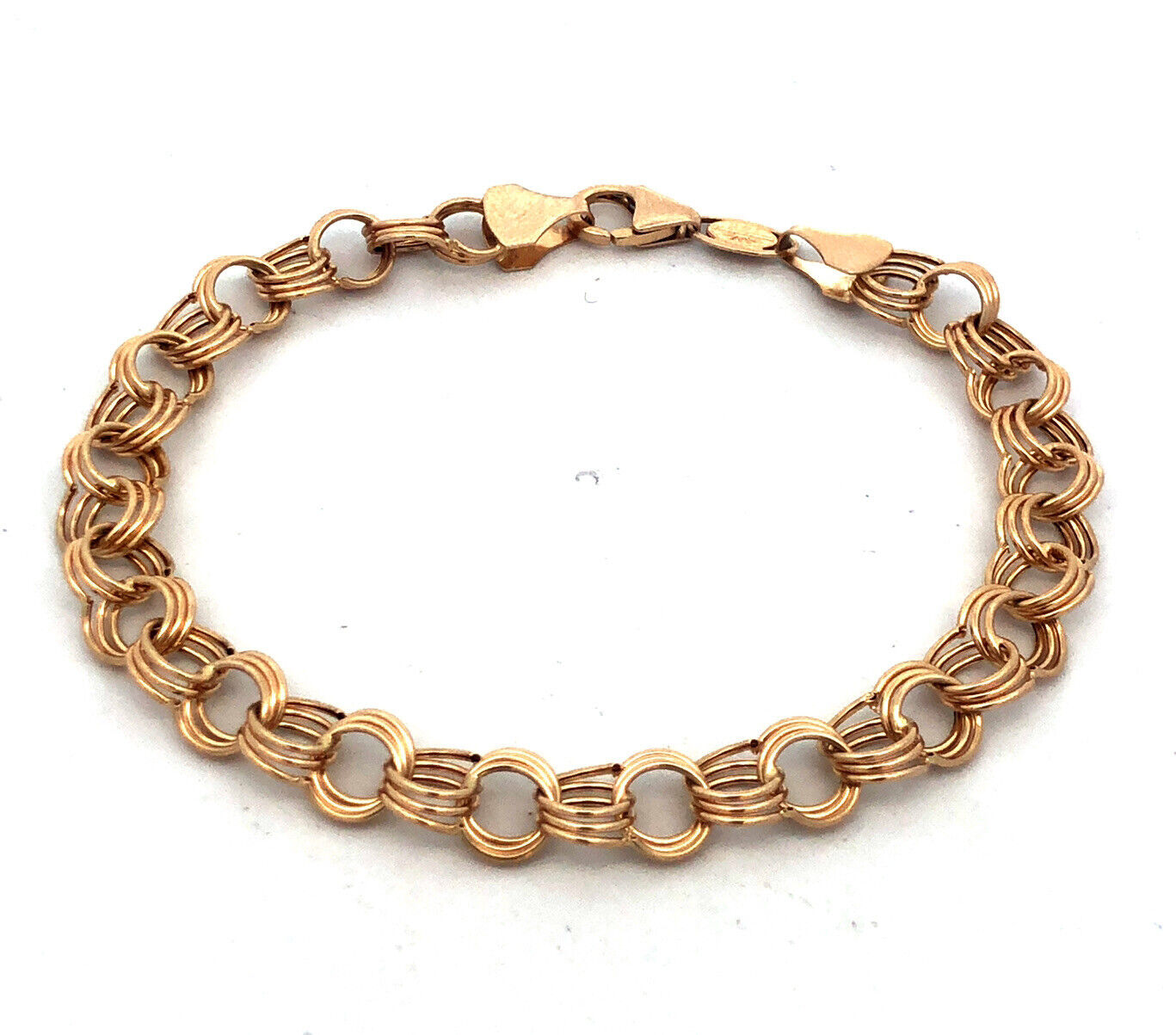 Gorgeous 14k Yellow Gold Triple Circle Link Lobster Claw Clasp 7.25" Bracelet