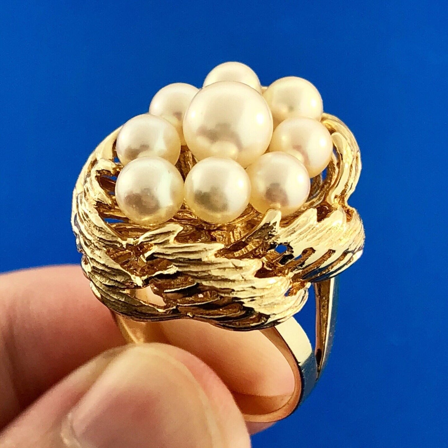 Vintage 14K Yellow Gold 9 Pearl Bird Nest Cluster Statement Cocktail Ring
