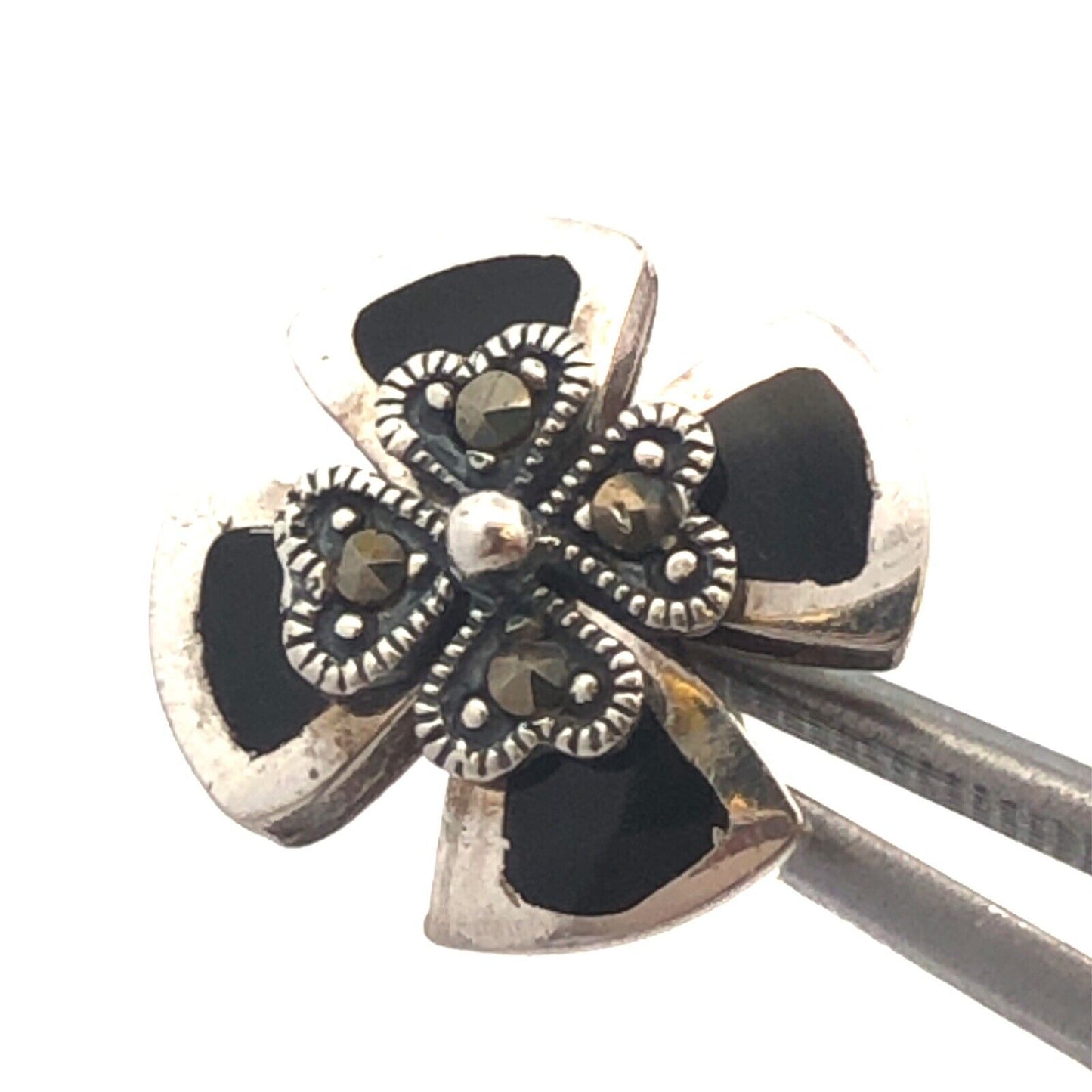 Estate Sterling Silver Black Onyx Inlay Marcasite 4 Leaf Clover Stud Earrings