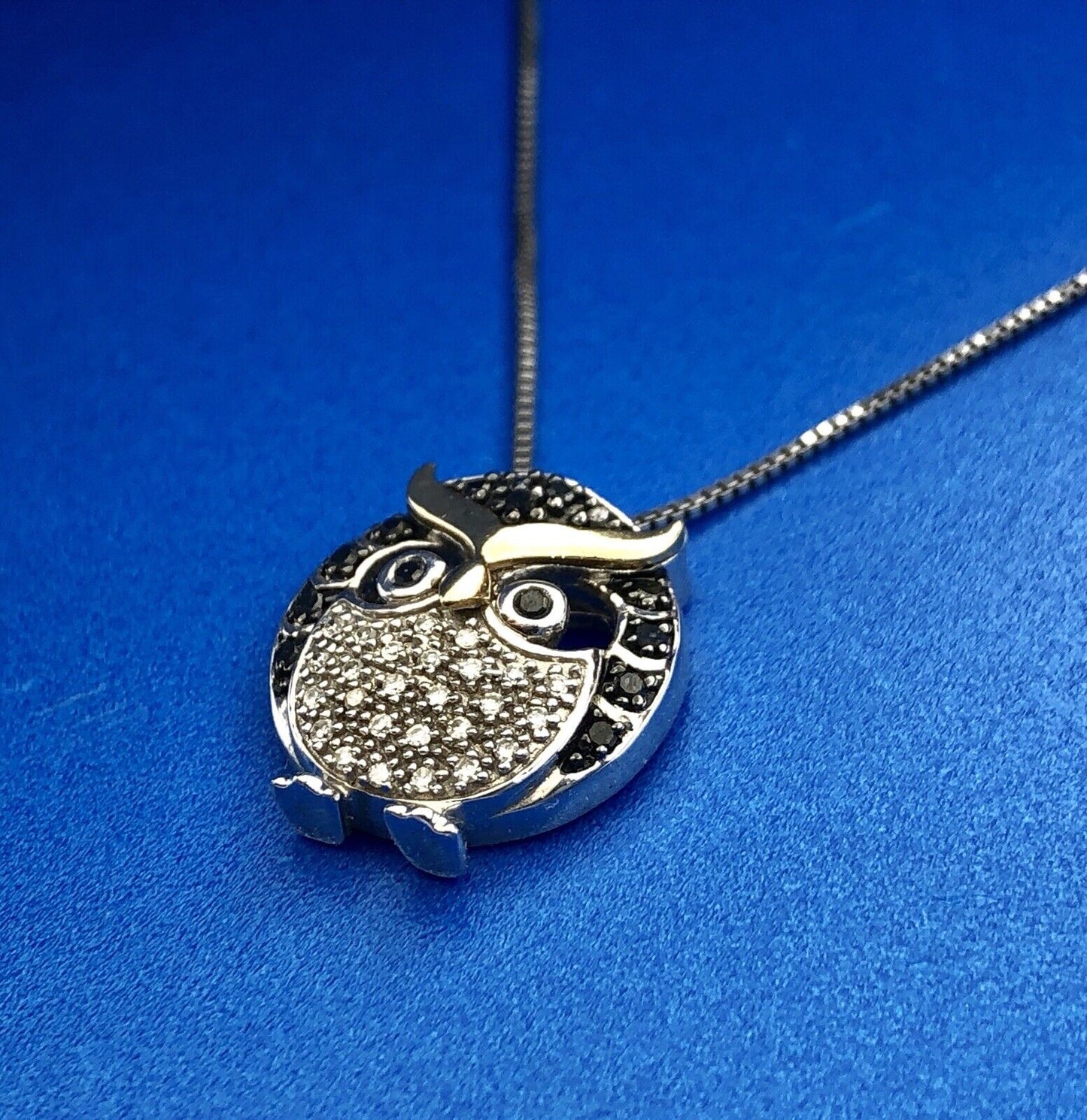 Designer 10K Yellow Gold Sterling Silver Black White Diamond Chubby Owl Necklace
