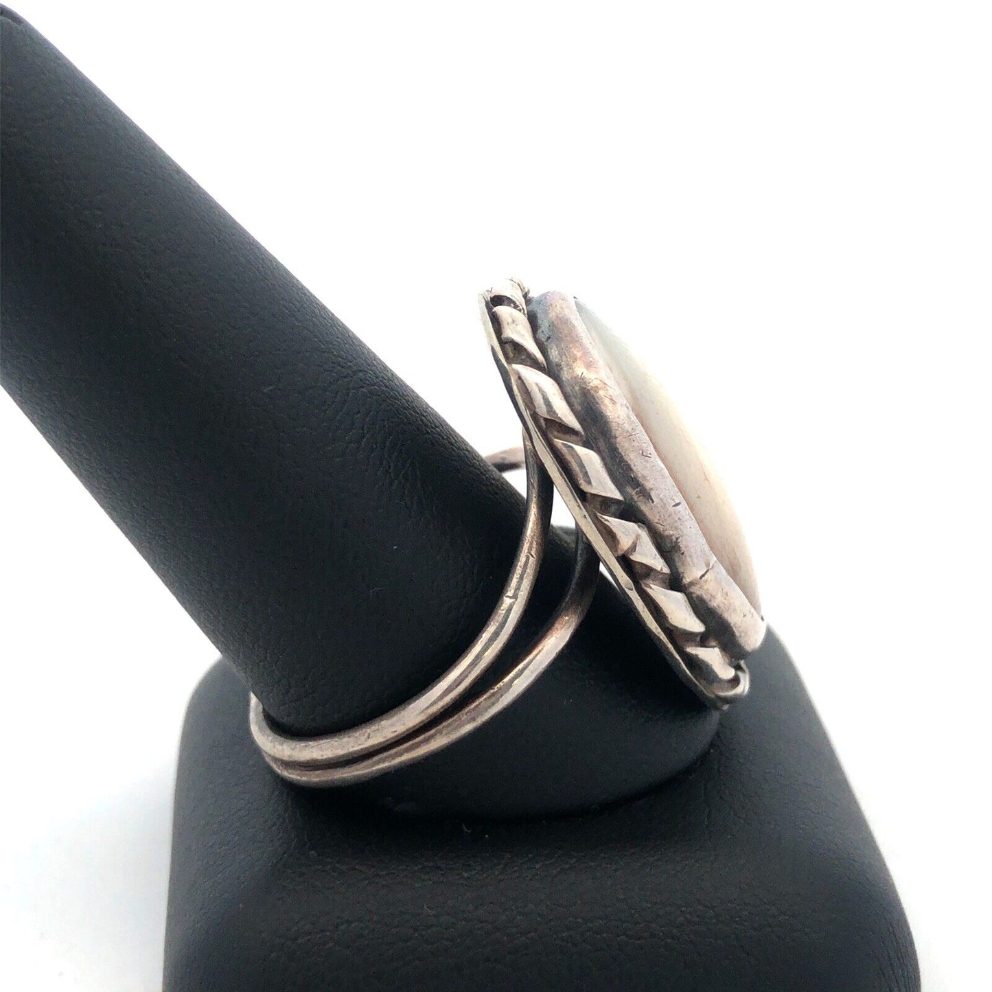 Vintage 925 Sterling Silver Oval White Lace Agate Cabochon Large Size 12.5 Ring
