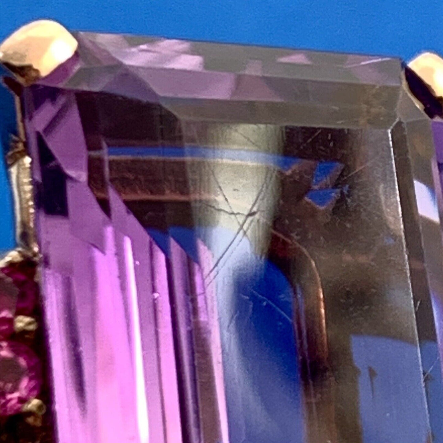 Estate Emerald Cut Amethyst Ruby Accents 14K Rose Gold Statement Cocktail Ring