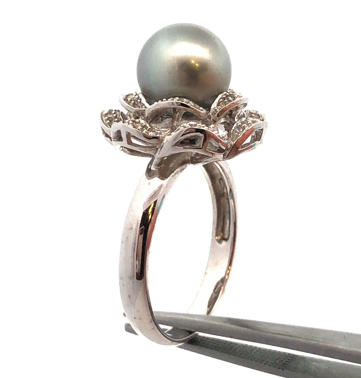 Designer 14K White Gold Tahitian Pearl Diamond Statement Cocktail Ring