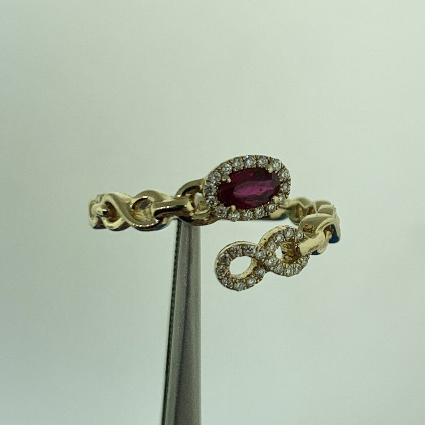 IZI Creations 14K Yellow Gold Oval Ruby Diamond Accented Open Band Bypass Ring