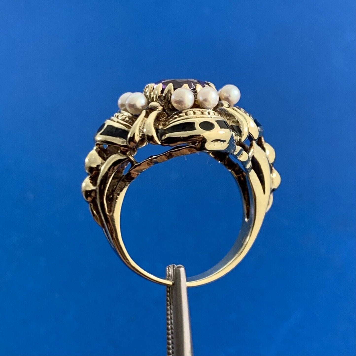 Art Nouveau 14K Yellow Gold Oval Amethyst Pearl Black Enamel Cocktail Ring