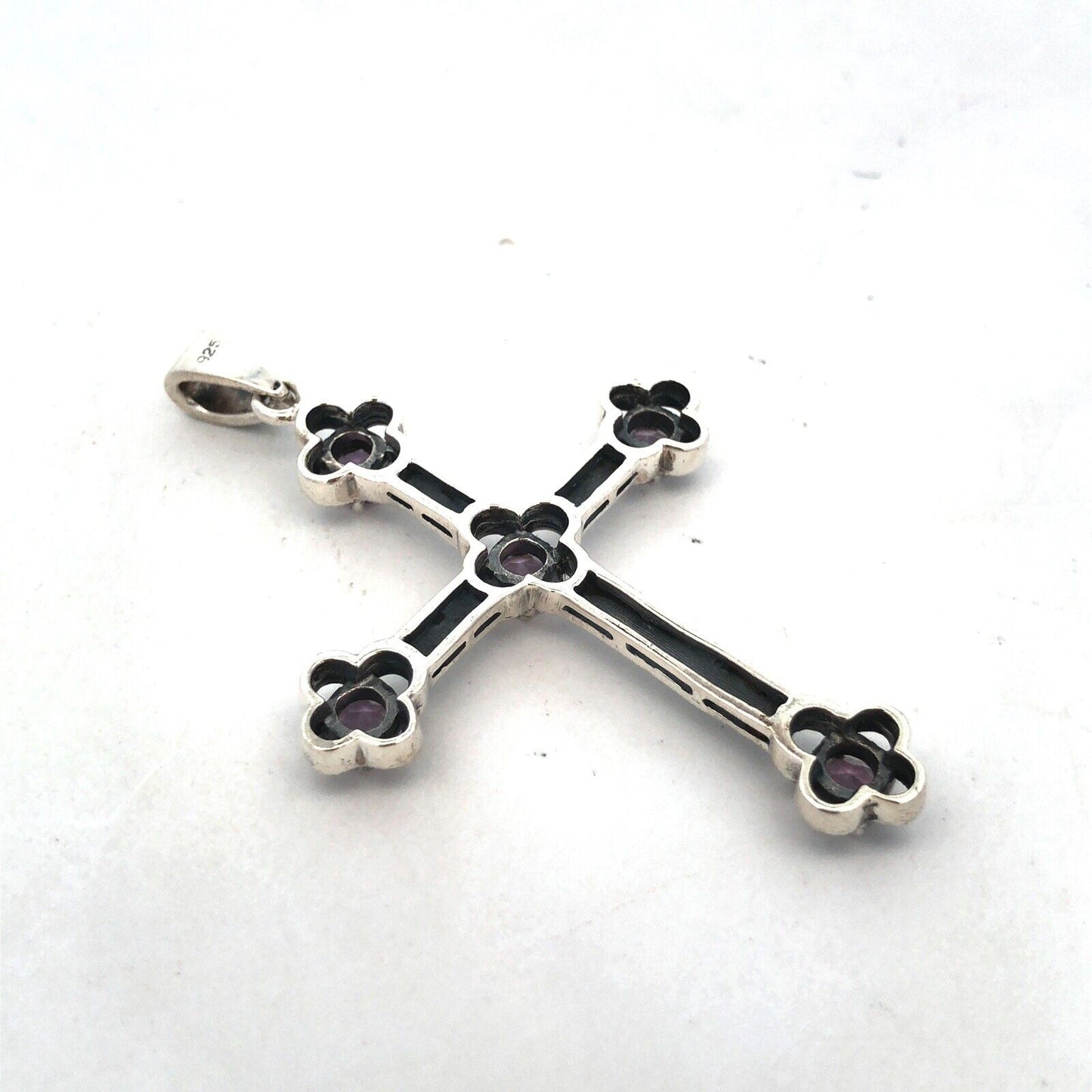 Vintage 925 Sterling Silver Round Amethyst Marcasite Statement Cross Pendant