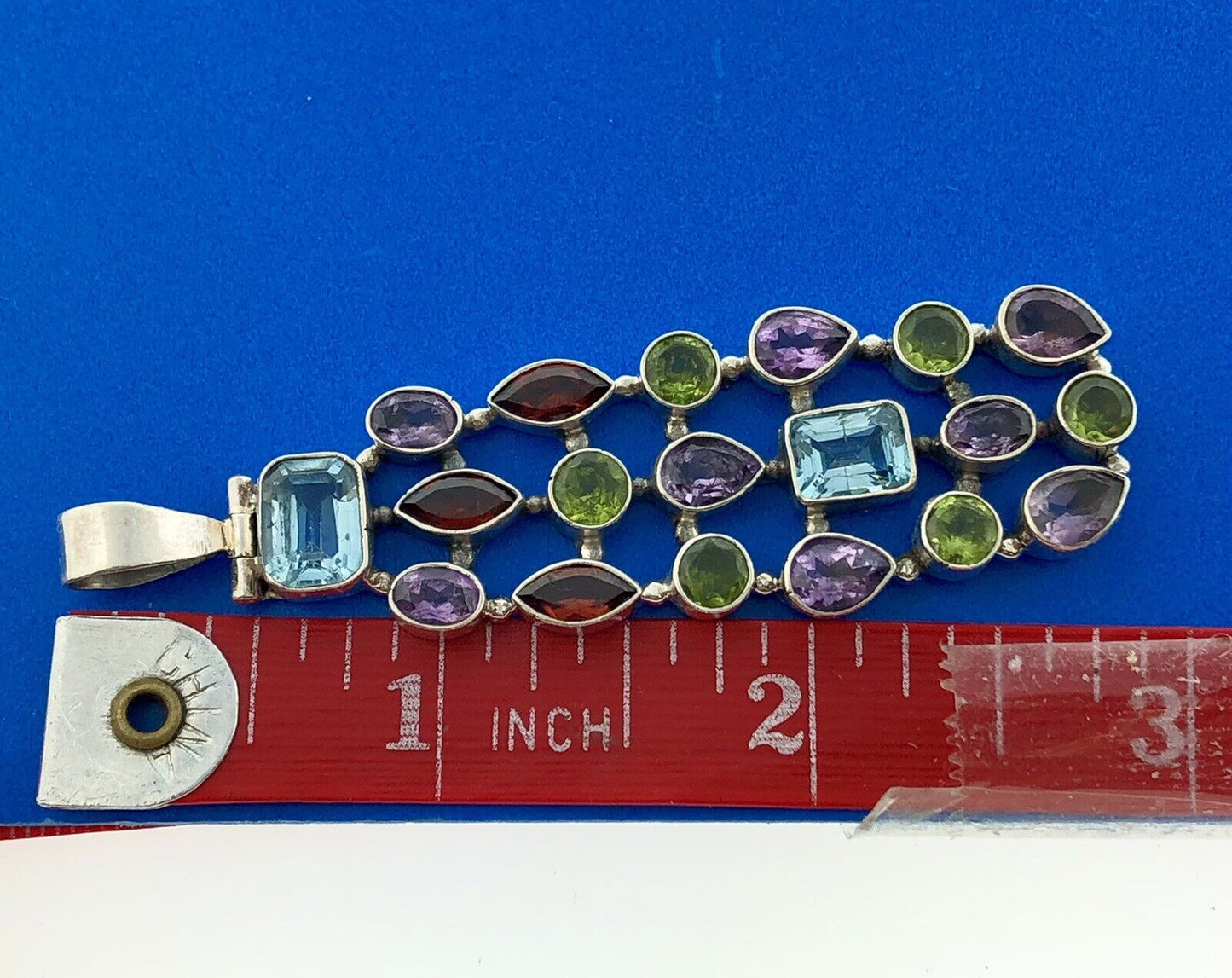 Sterling Silver 925 Multi Colored Shaped Gemstone Rectangular Statement Pendant