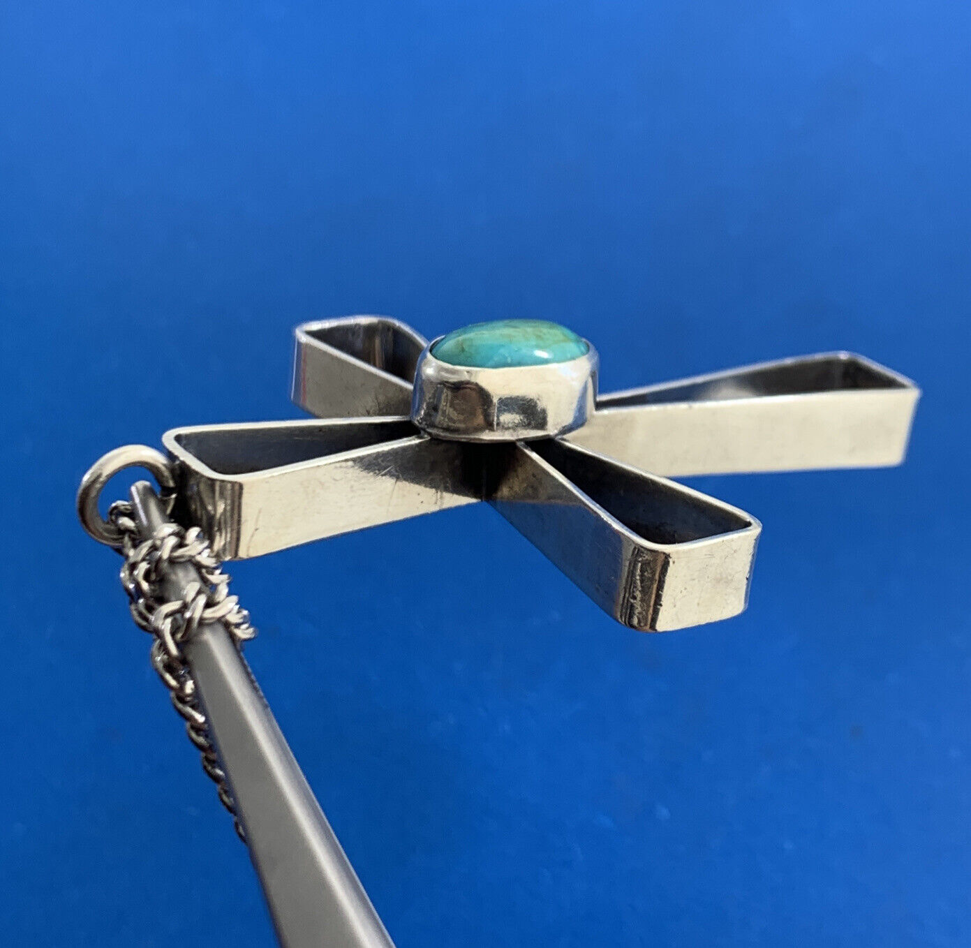 Oval Turquoise 925 Sterling Silver Statement Cross Silver Tone Chain Necklace