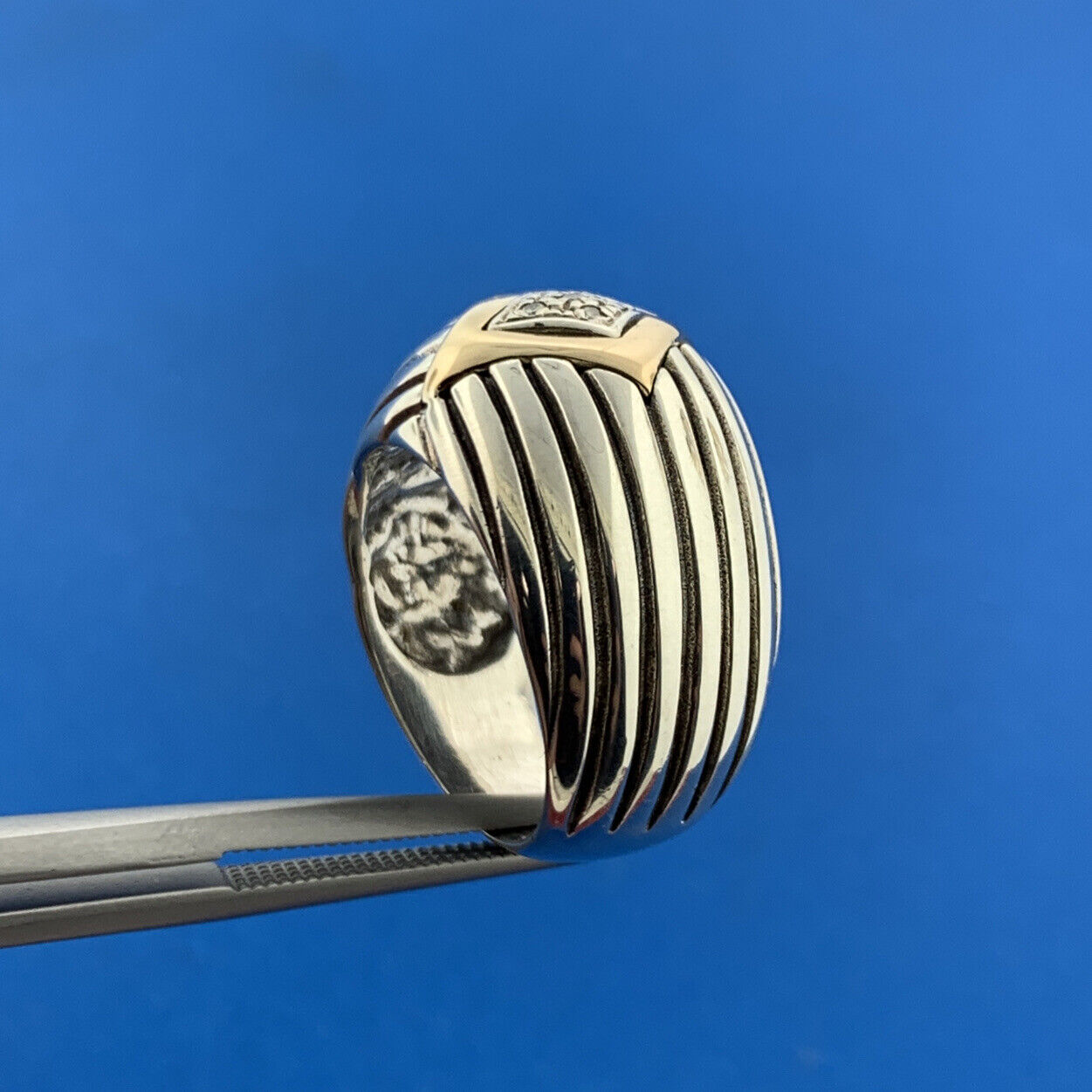 Flle Menegatti Italy 925 Sterling Silver 14K Gold Diamond Ribbed Dome Ring