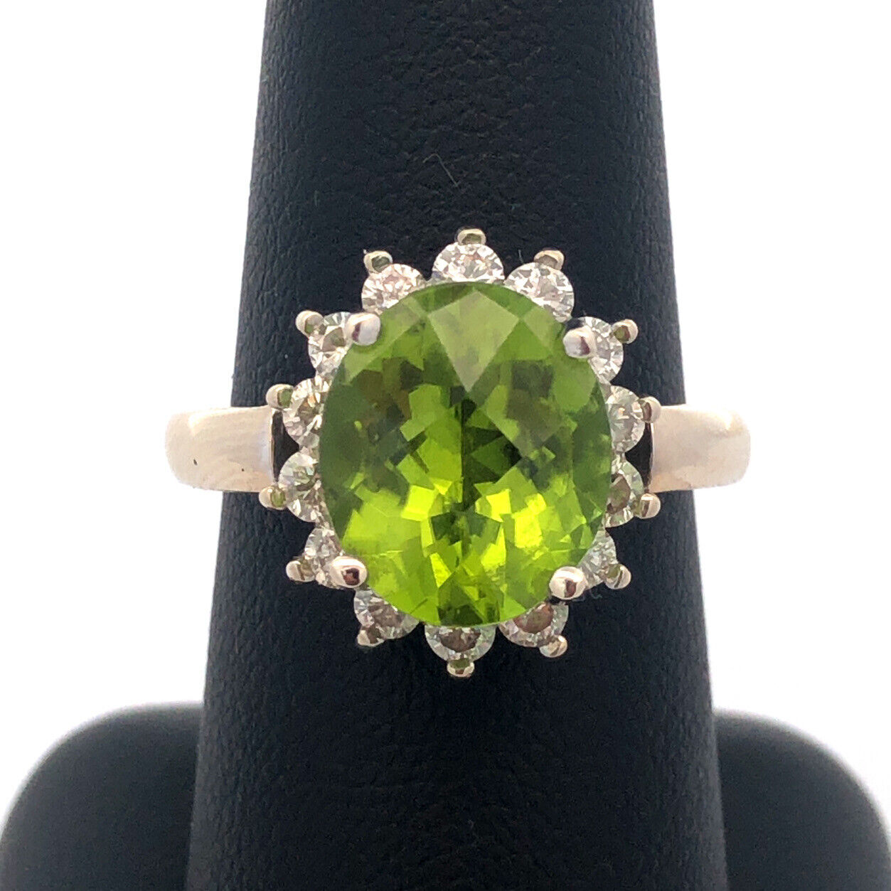 LeVian 14K White Gold Oval Cushion Green Apple Peridot Diamond Cocktail Ring