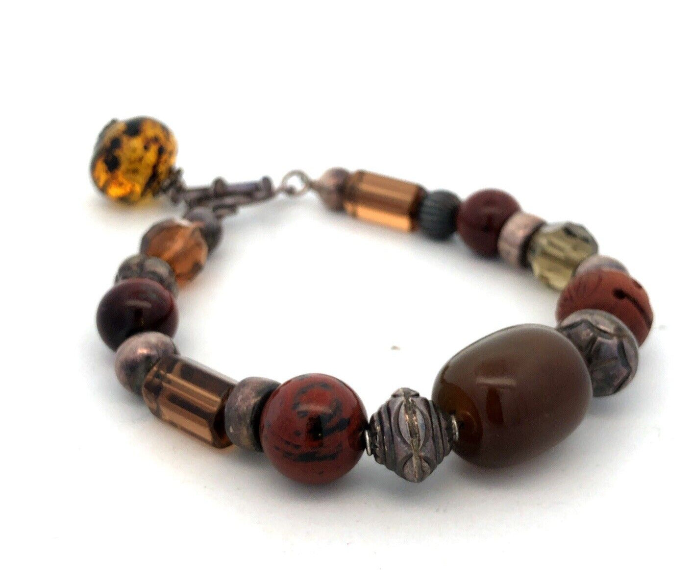 Estate 925 Sterling Silver Tigers Eye Agate Jasper Beaded Statement Bracelet