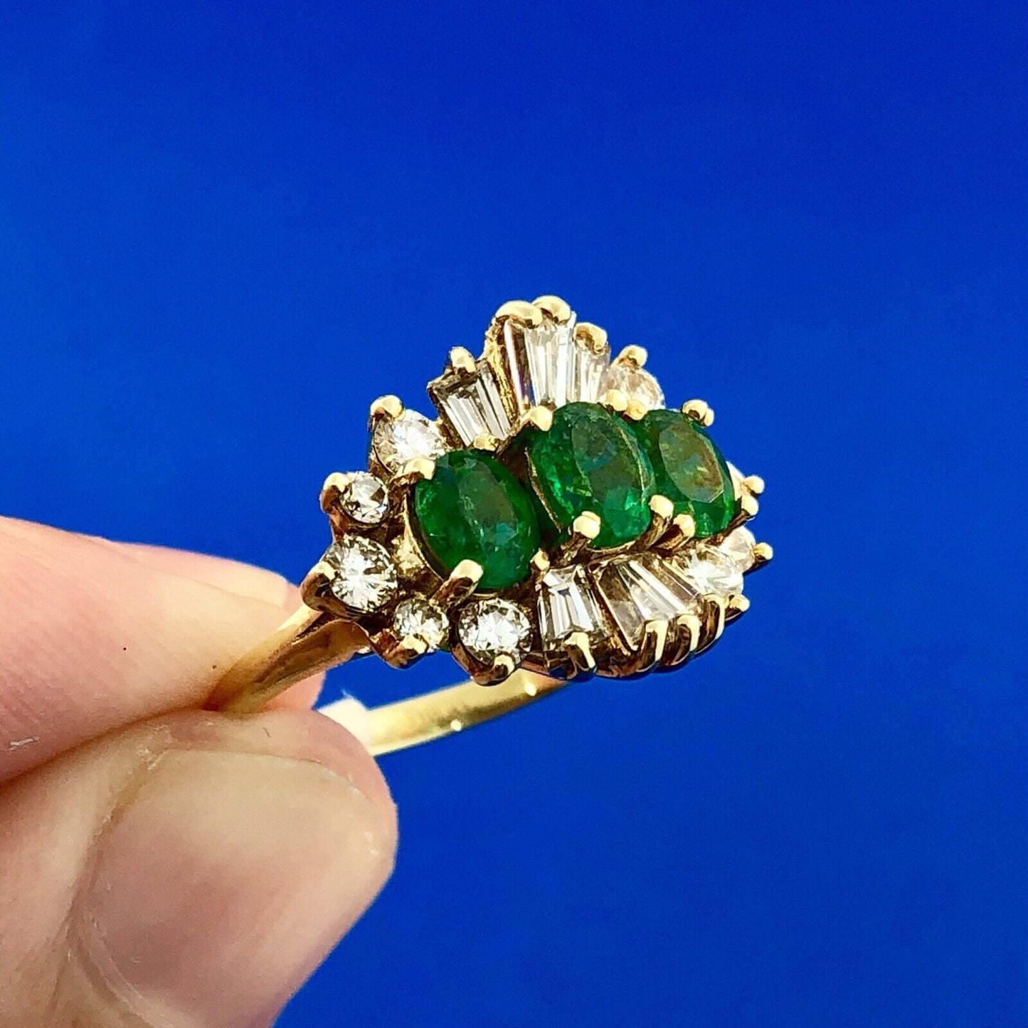 Vintage 14k Yellow Gold Three Oval Emerald Ring w/ Round & Baguette Diamonds